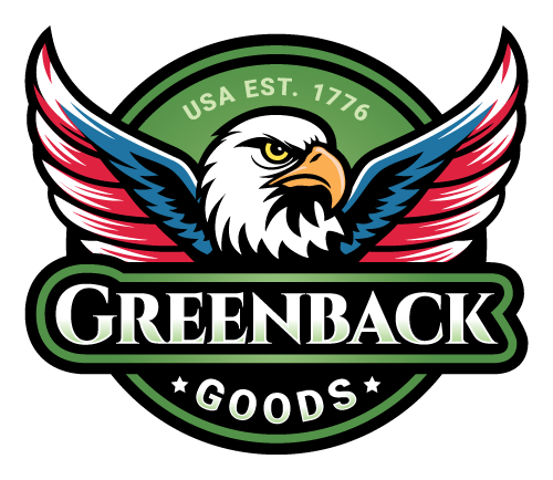 Greenback Goods logo with eagle and red, white, blue, and green colors